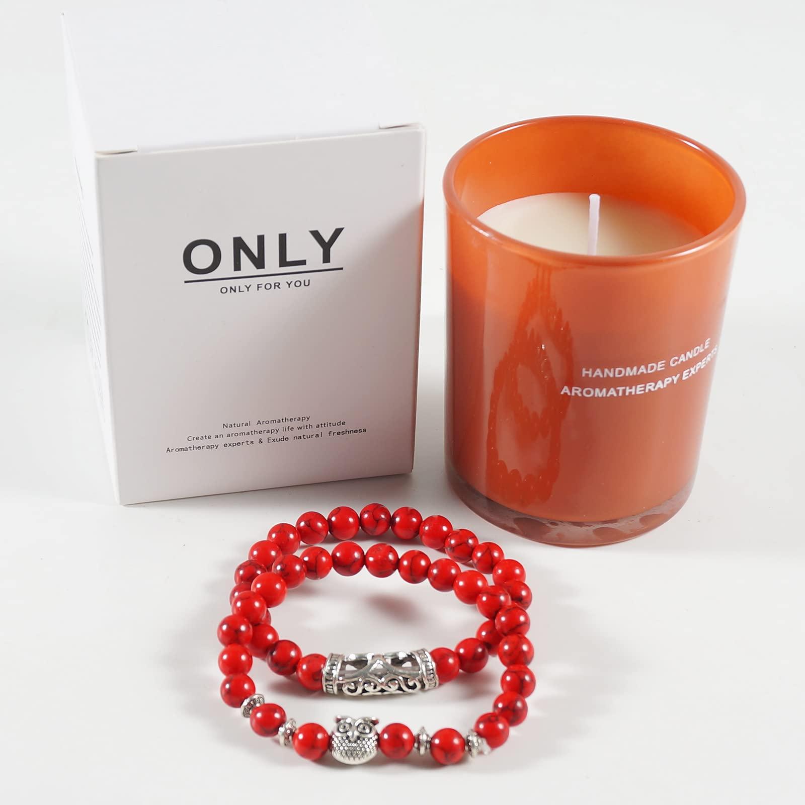 Soulnioi Scented Candle Soy Candle Aromatherapy Candle with 35 Hours Burn Time for Home Fragrance Stress Relief (Grapefruit & Oolong Tea Scent), 2pc Owl Red Agate Volcanic Stone Round Bead Bracelet 1