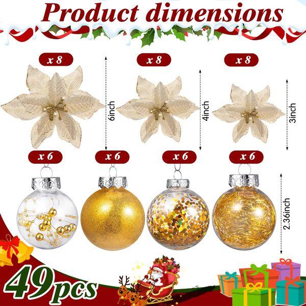 49 Pcs Christmas Tree Decoration Set Include Christmas Tree Topper, 24 Pcs Glitter Christmas Flowers 3 Sizes, 24 Pcs 2.36 Inch Christmas Ball Ornaments for Tree Holiday Party Decorations (Gold) 2