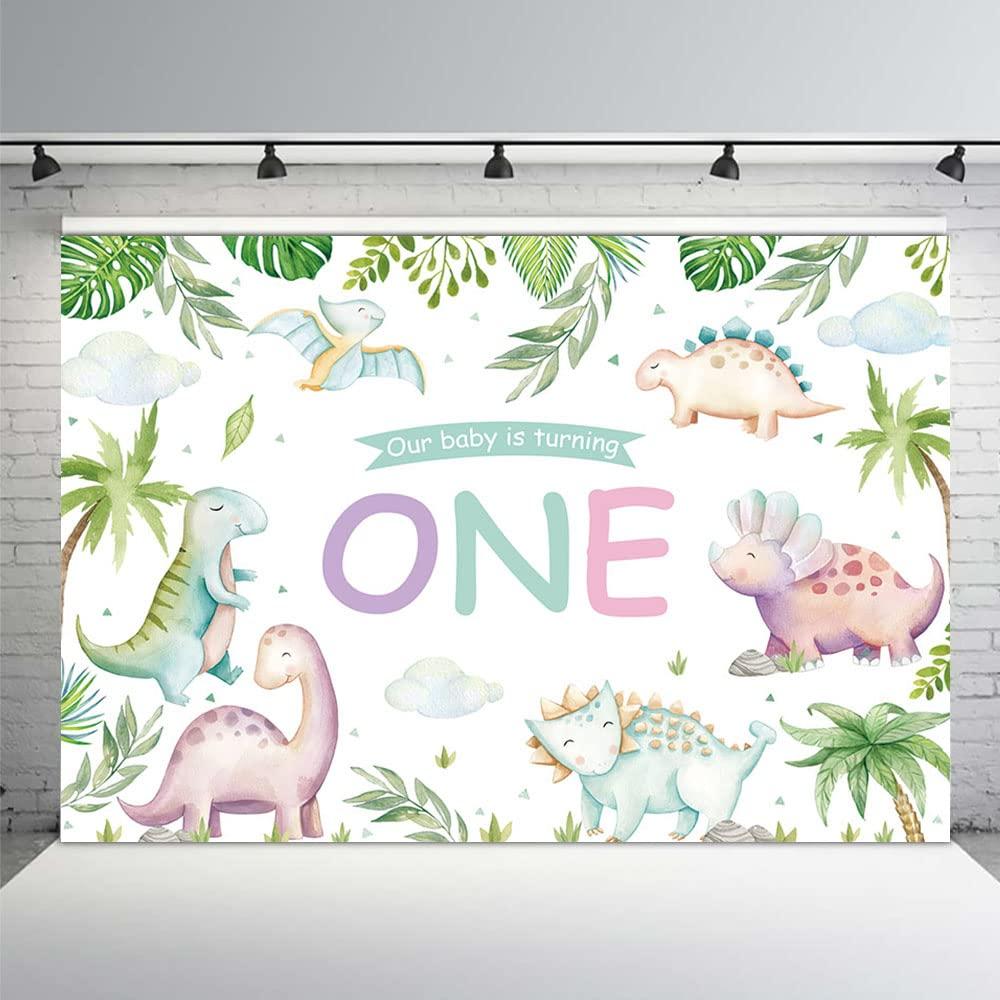 MEHOFOND 7x5ft Pastel Dinosaurs 1st Birthday Backdrop Our Baby Is Turning One Party Banner Cake Smash Decoration Green Leafs Adventure Dinosaur World Photography Background Photo Studio 1