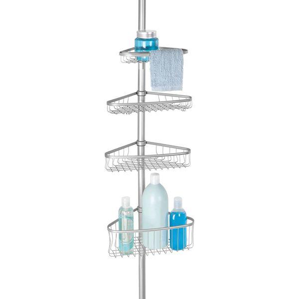 mDesign Telescopic Shower Organiser - Steel Shower Organiser - No Drill Corner Shower Shelves with Towel Bar & Hooks - Ideal for Shampoo, Razors & Other Accessories - Silver