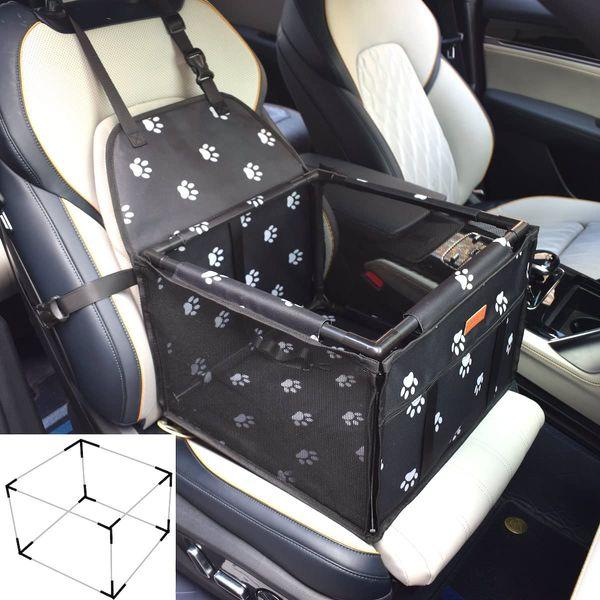 GoBuyer Waterproof Pet Dog Car Seat Booster Carrier with Seat Belt Harness Restraint and Headrest Strap for Puppy Cat Travel (Black Paw)