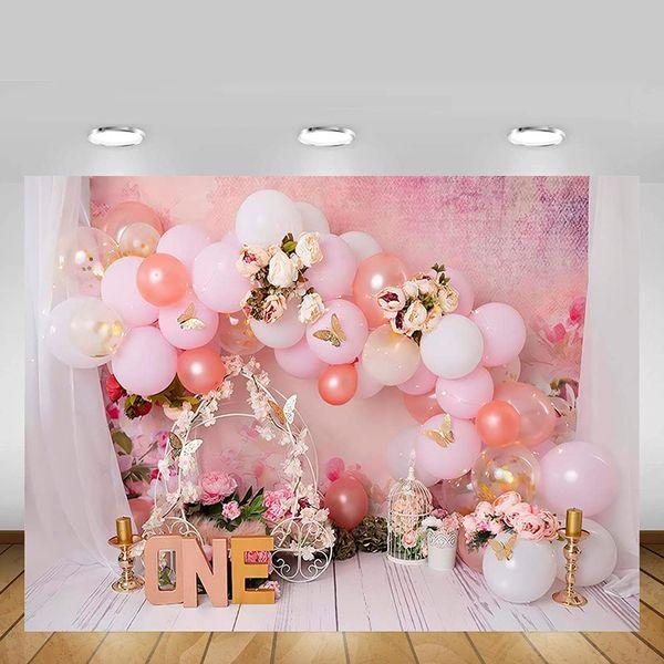 MEHOFOND 8x6ft Pink Girl 1st Birthday Backdrops Newborn Photography Props Balloons Flower Party Portrait Background Decoration Cake Smash Floral Birdcage Photo Studio Booth Supplies 3