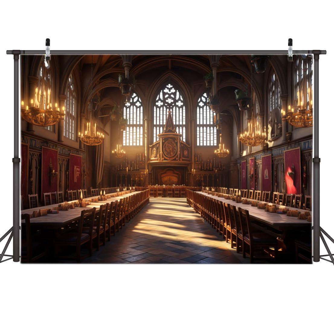 AIIKES 7x5FT Magic Castle Academy Backdrop Magic Wizard Academy Photography Backdrop Church Restaurant Dining Table Candle Backdrop Magic Birthday Party Decoration Backdrop XY25 2