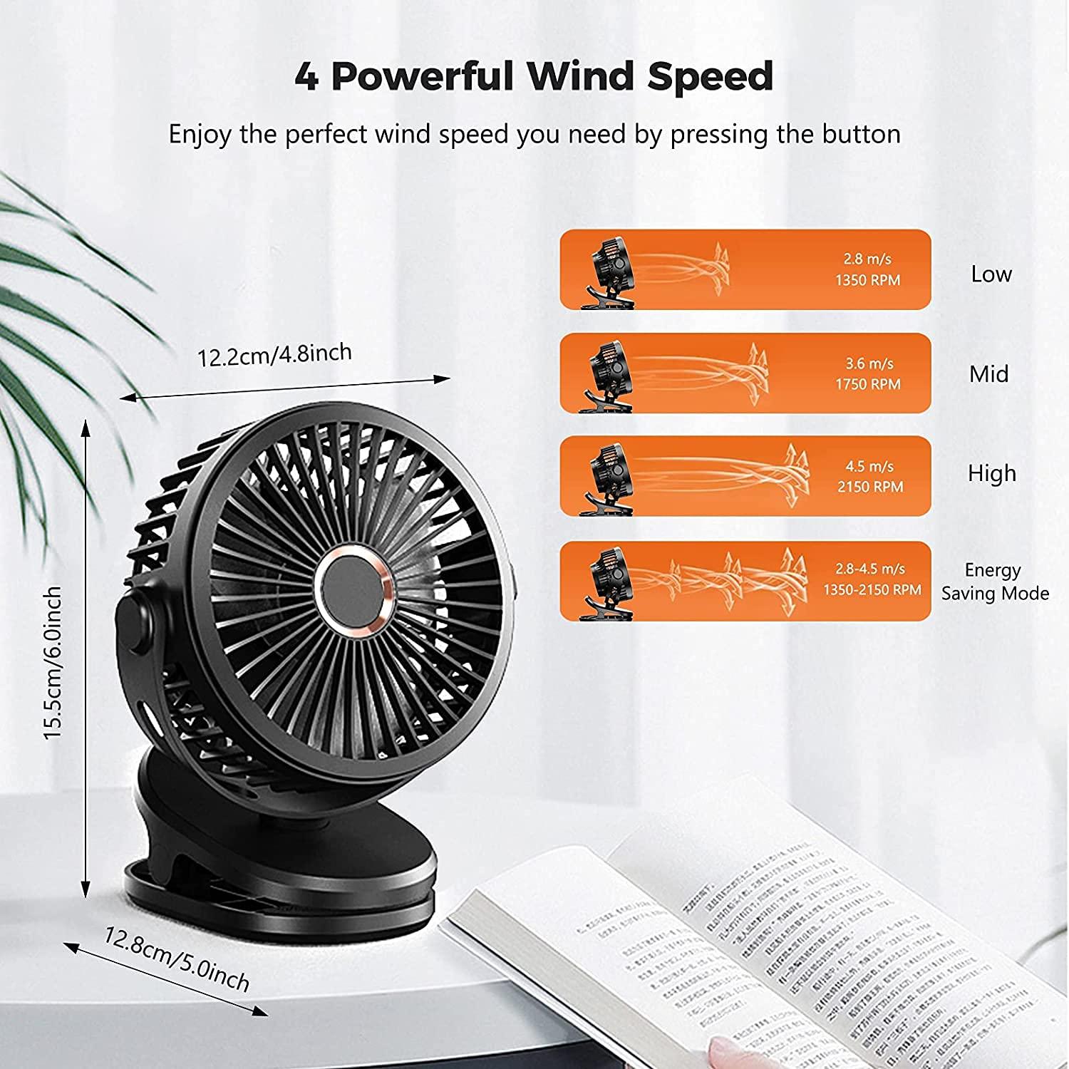 Pecco Desk Fan, Clip on Fan for Pram 5000mAh Rechargeble Stroller Fan Personal USB Fan with 4 Speed 360° Rotation Adjustable Cooling Desktop Fans Table Fans for Baby Pushchair, Car, Traveling, Black 2