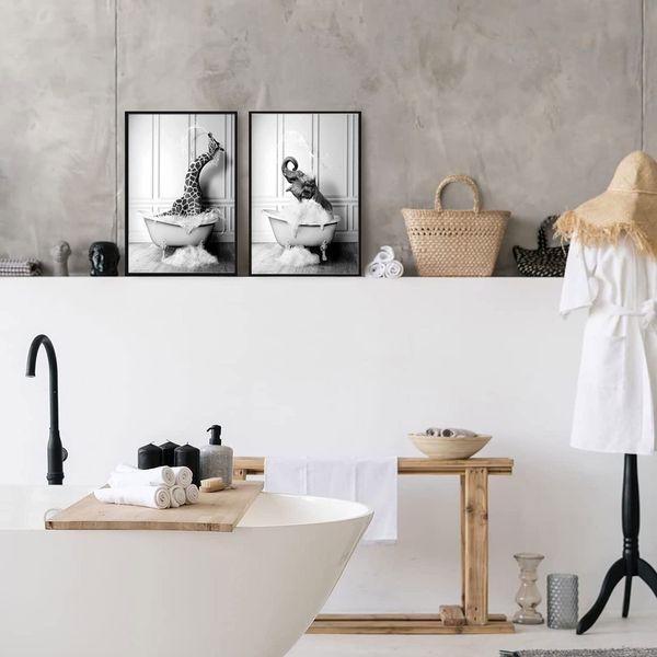 GHJKL Black White Animal Picture, Animal In The Bathtub Wall Art Prints Funny Bathroom Pictures Canvas Poster Home Decor - Without Frame (40 x 60 cm x 4 Pieces, Cute Animals)… 4
