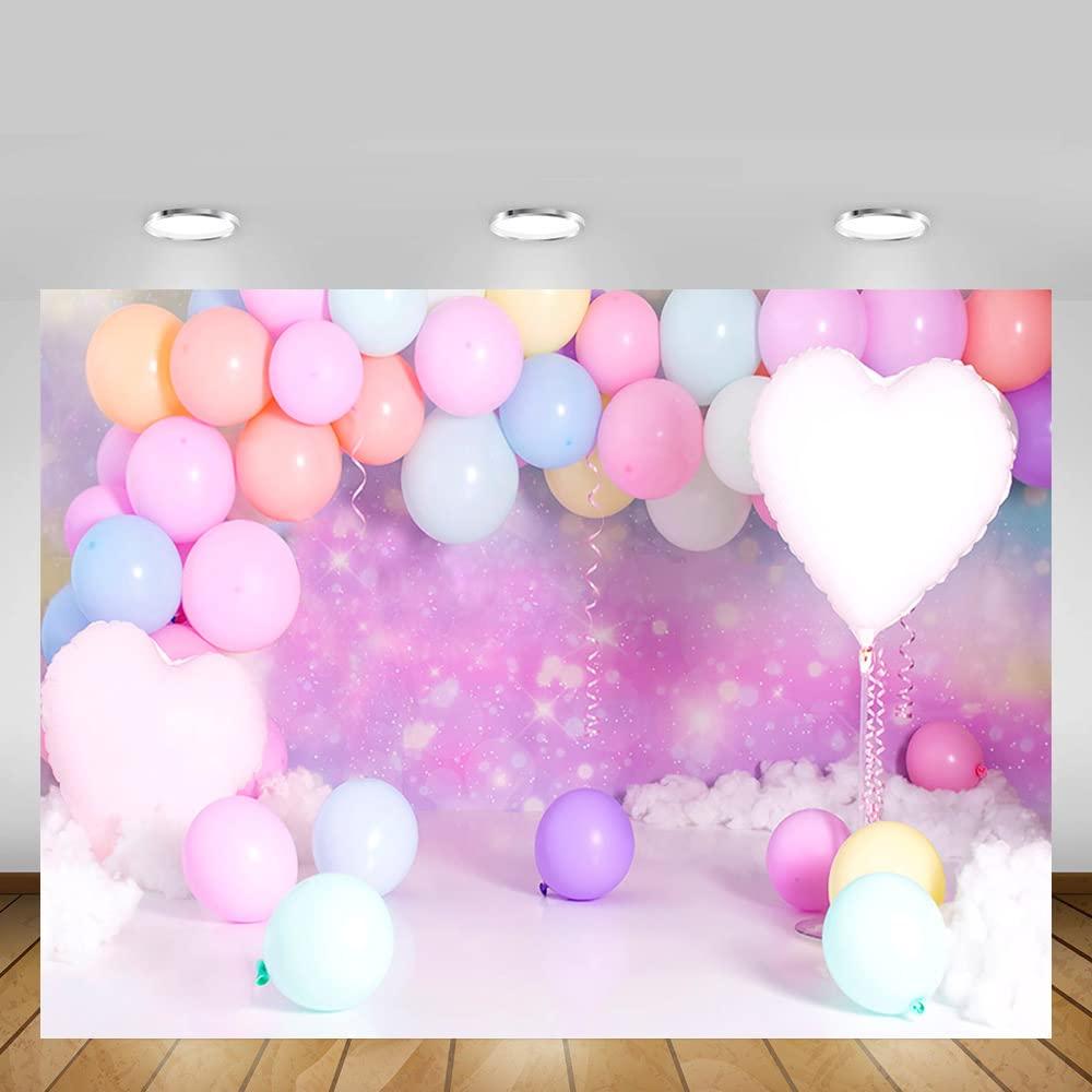 MEHOFOND 7x5ft Rainbow Cloud Colorful Balloons Girl Birthday Photography Backdrop Love Heart Pastel Background Party Banner Cake Smash Table Decoration Baby Shower Portrait Photo Studio Props 3