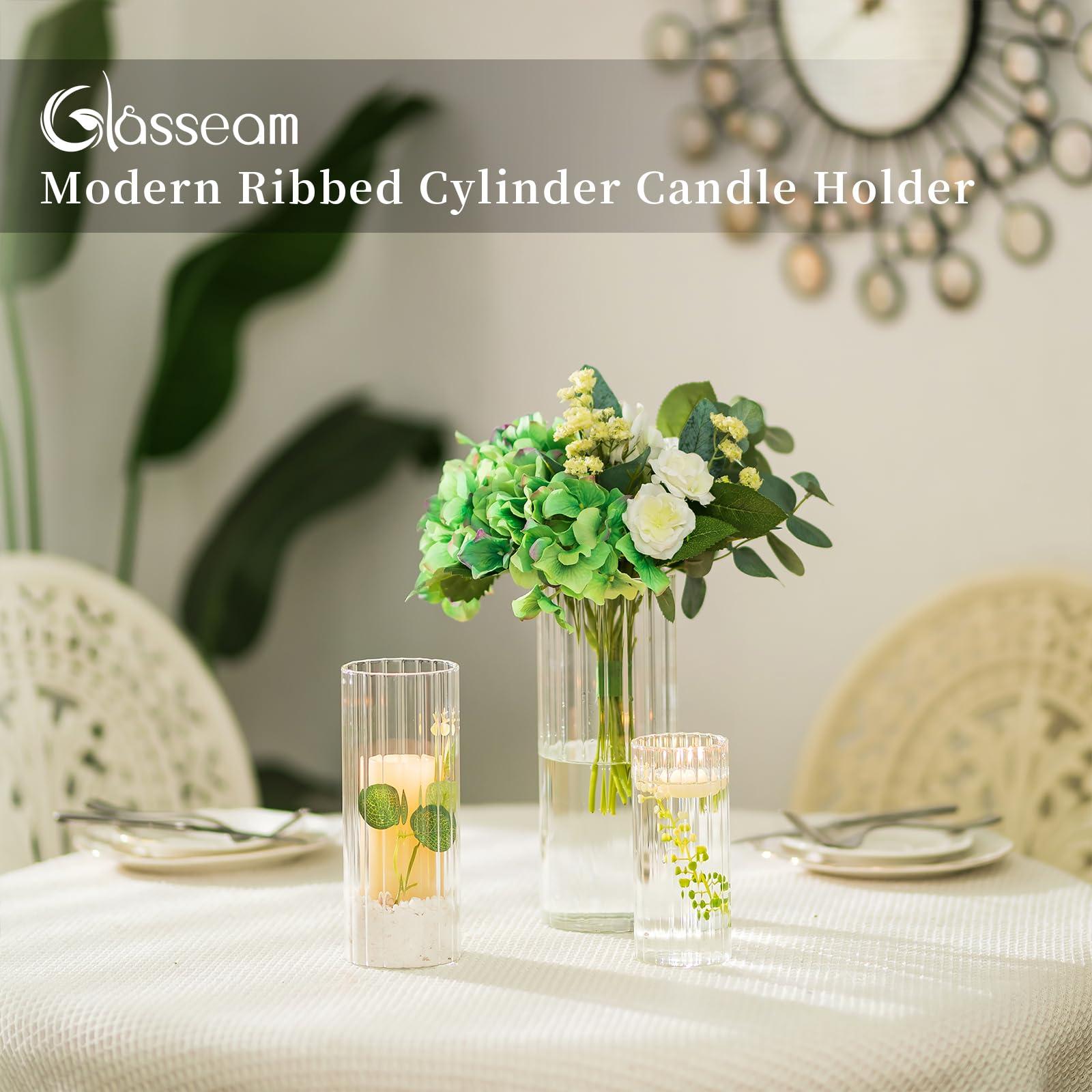 Glasseam Hurricane Candle Holder Glass Cylinder Clear Pillar Candle Holder Set of 12 Floating Candle Holders for Pillar Candles Flower Vases for Table Decoration Dinner Wedding Centrepiece 2