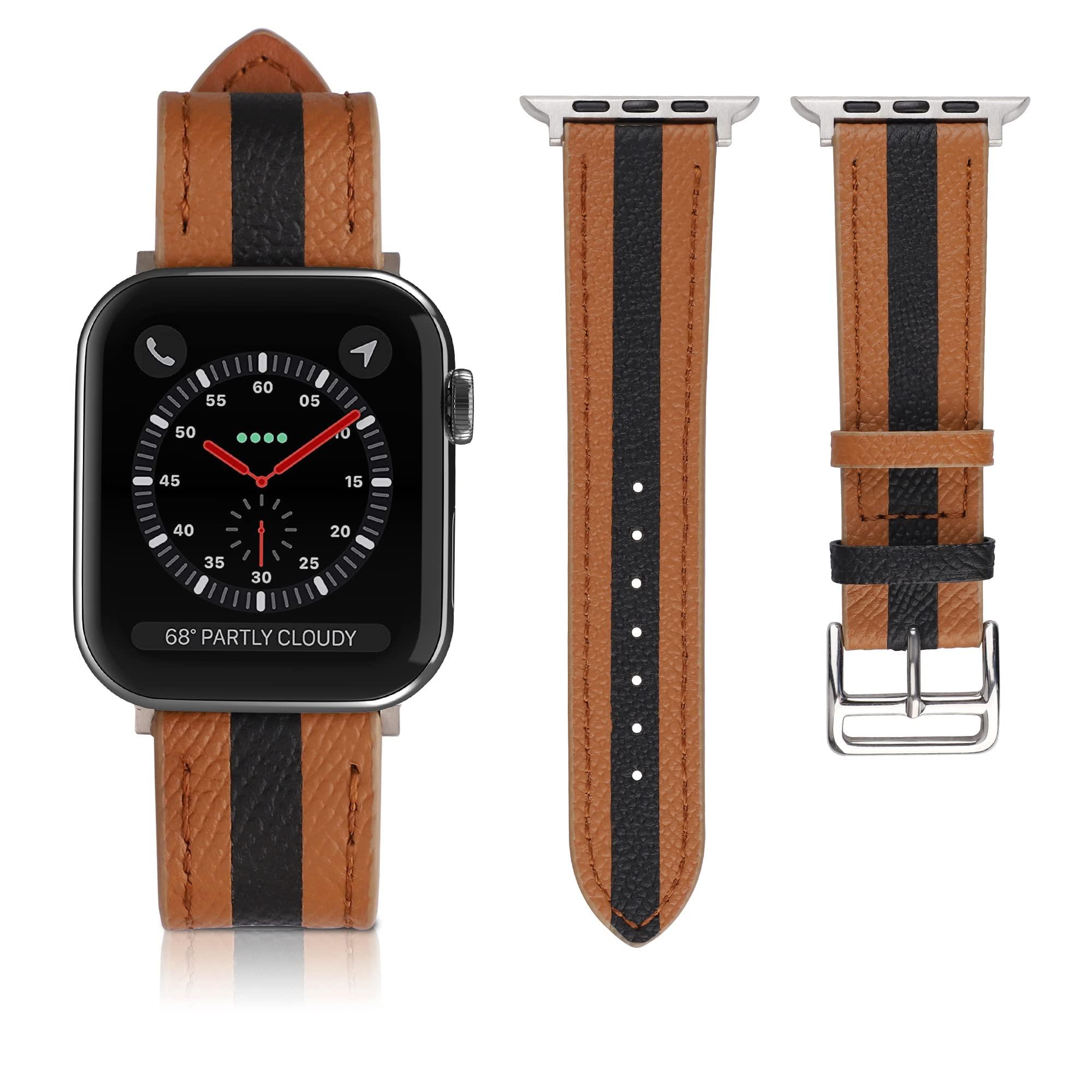 VAKS Compatible with Apple Watch Leather Band 41mm 40mm 38mm for Women Men, Genuine Leather Wristband Replacement Strap for iWatch Series SE2/8/7/6/5/4/3/2/1/SE, Brown Black Brown 1