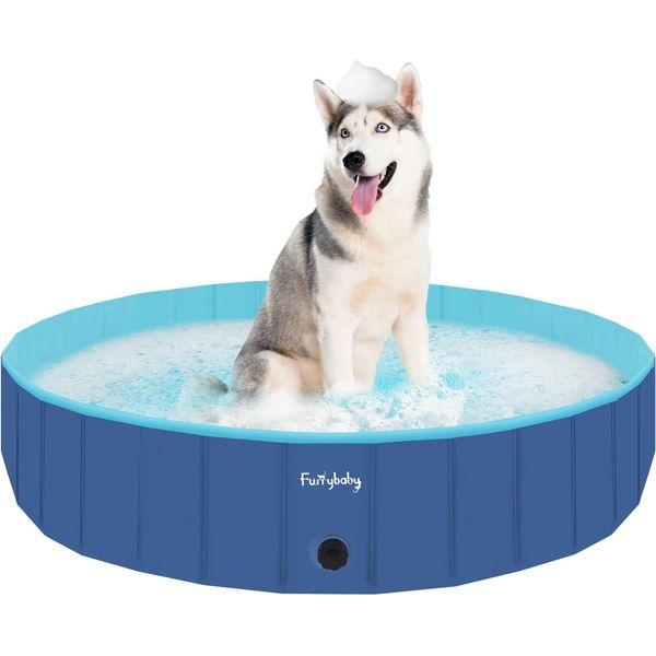 furrybaby Dog Pool, Durable Dog Paddling Pool with Quick Drainage Hole, Foldable and Non Inflatable, Thickened Kids Paddling Pool Extra Large for Garden Puppy Cat Bath (Navy 160cm)