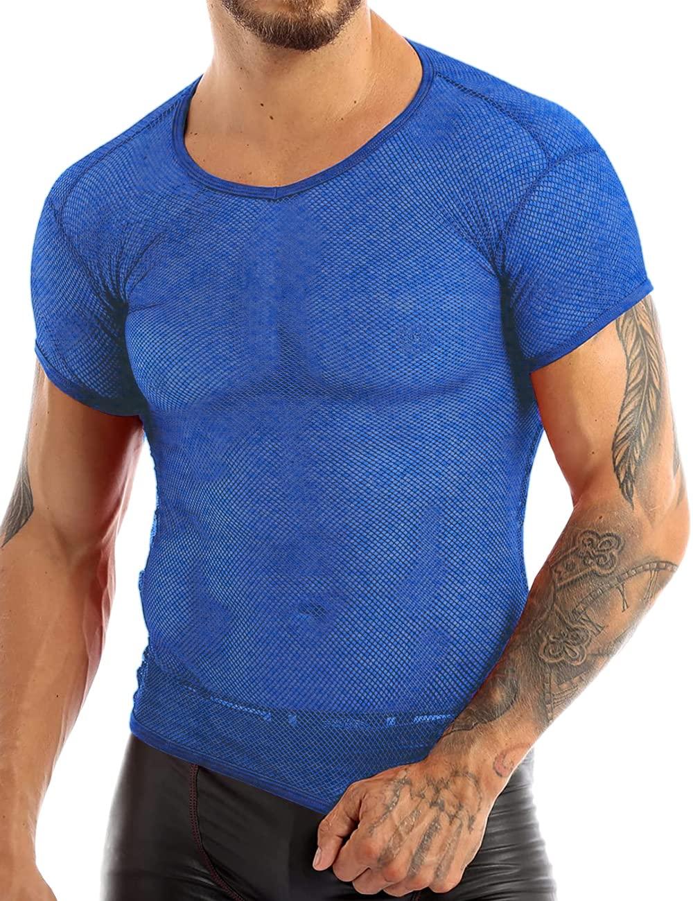 7Power Men's See Through Shirts Fishnet Mesh Fitted Short Sleeve T-Shirts for Muscle Tops Clubwear Color Blue Size XL