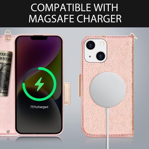 WWW Case for iPhone 14 Plus,PU Wallet Case with [Card Holders] [Hand Strap] and [Makeup Mirror] for iPhone 14 Plus (6.7") 2022 Compatible with Magsafe,ROSE GOLD 1