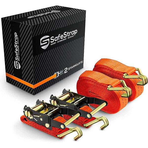 SafeStrap Ratchet Strap - Tie Down Straps with Hooks and 2000 kg Capacity - 6m Long and 25mm Thick for Load Securing and Cargo Transportation - Set of 2 - EN 12195-2 Compliant - Test Winner (Orange)