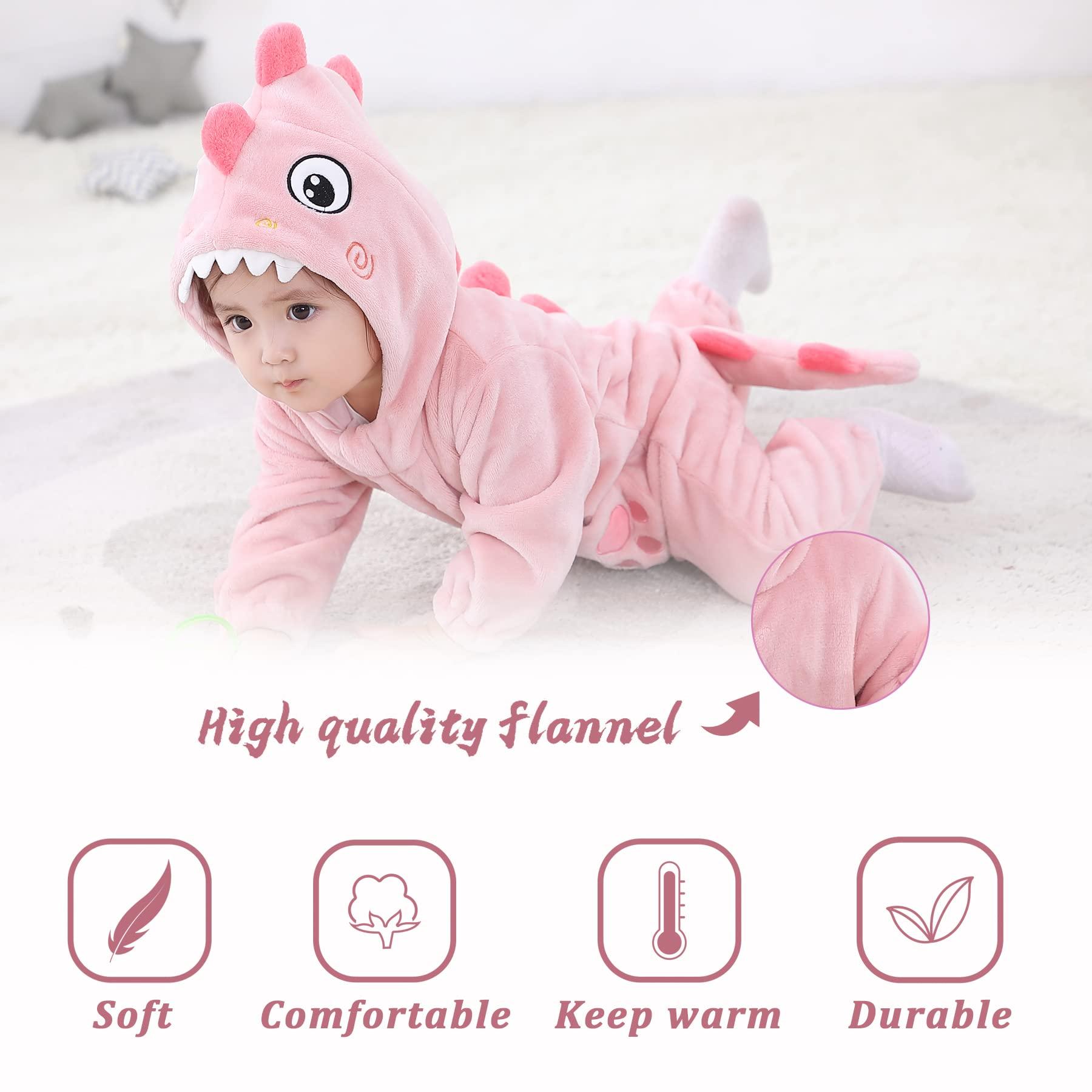 Doladola Unisex Kid's&Toddler's Costume Outfit Baby Boys Girls Flannel Animal Hooded Rompers Jumpsuit (0-3 Months,Pink Shark) 3