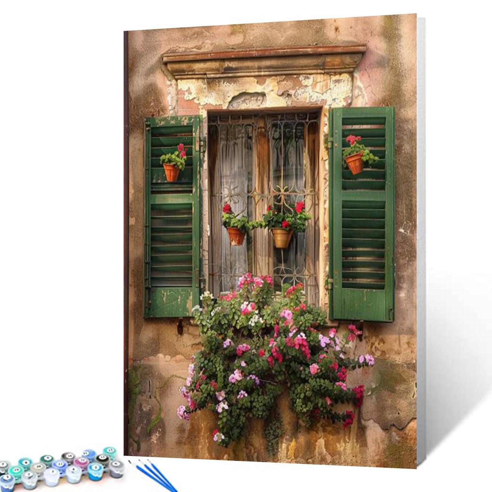 Aihonmin Italian Town Artwork Paint by Numbers DIY Easy Canvas Oil Painting Kits for Adults Kids Green Window Flowers Acrylic Watercolor Home Room Wall Art Decor Gift 16''W x 20''H(Frameless) 0