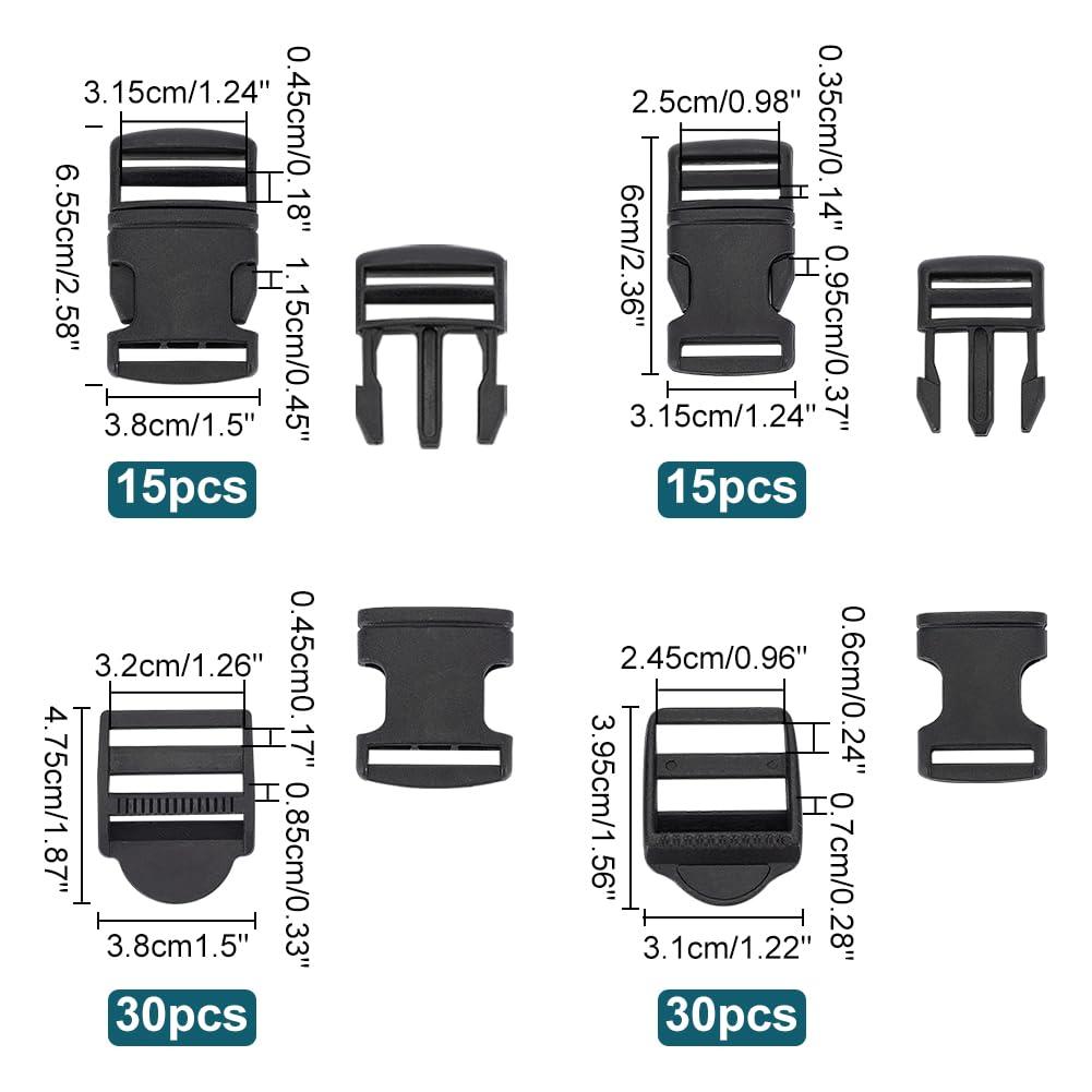 WADORN 90 Pack Plastic Slider Ladder Buckles, 24.5/25/31.5/32mm Webbing Strap Adjust Lock Buckles Plastic Tension Lock Triglide Replacement for Backpack Strap Webbing Parts Adjuster Craft Accessories 1