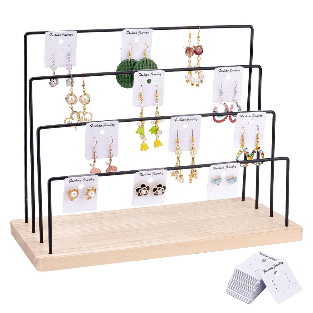 PH PandaHall Earring Display Stand for Selling, 4-Tier Stud Earring Holder Organizer Dangle Hoop Earring Storage Display Retail Jewellery Photography Props with 28pcs Cards for Personal Exhibition