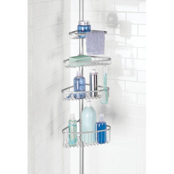 mDesign Telescopic Shower Organiser - Steel Shower Organiser - No Drill Corner Shower Shelves with Towel Bar & Hooks - Ideal for Shampoo, Razors & Other Accessories - Silver 2