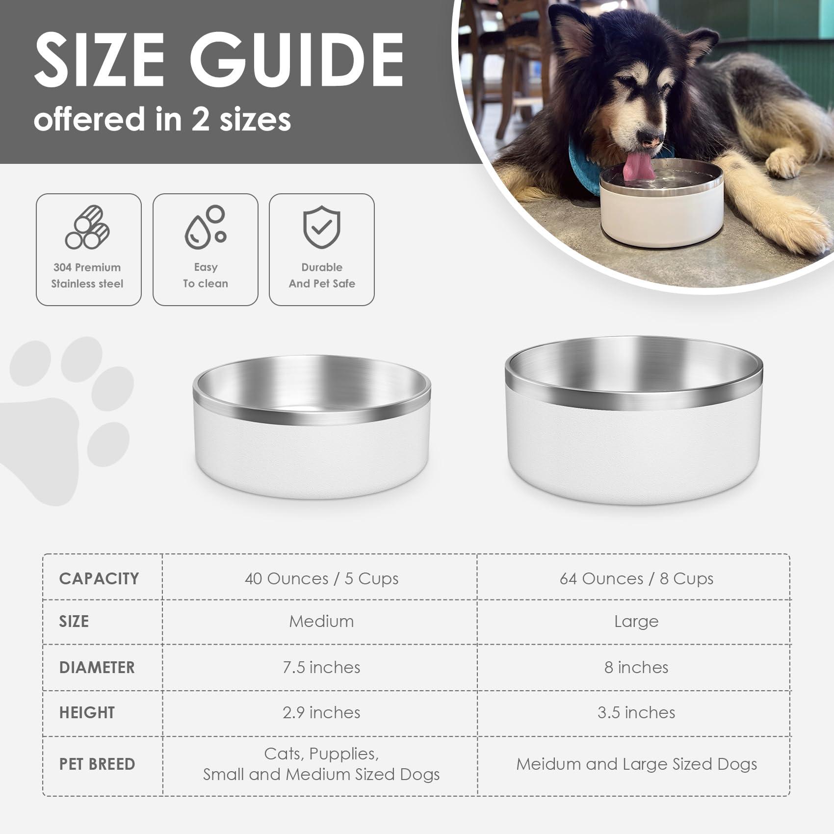 IKITCHEN Dog Bowl for Food and Water, 40 Oz Stainless Steel Pet Feeding Bowl, Durable Non-Skid Double Wall Insulated Heavy Duty with Rubber Bottom for Medium Large Sized Dogs (40 Ounces/5 Cup, White) 3