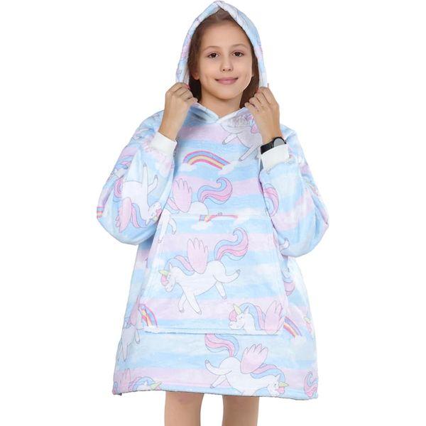 Queenshin Unicorn Wearable Blanket Hoodie,Oversized Sherpa Comfy Sweatshirt for Kids Teens Girls 7-16 Years,Warm Cozy Animal Hooded Body Blanket Pink