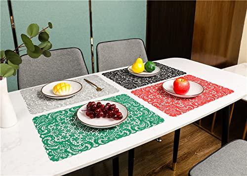 Hosoncovy 4 Pack Decorative Lace Placemats PVC Placemats Hollow Flower Dining Table Place Mats Heat Resistant Non-slip Dining Placemats Table Mats for Home Kitchen (Green) 2