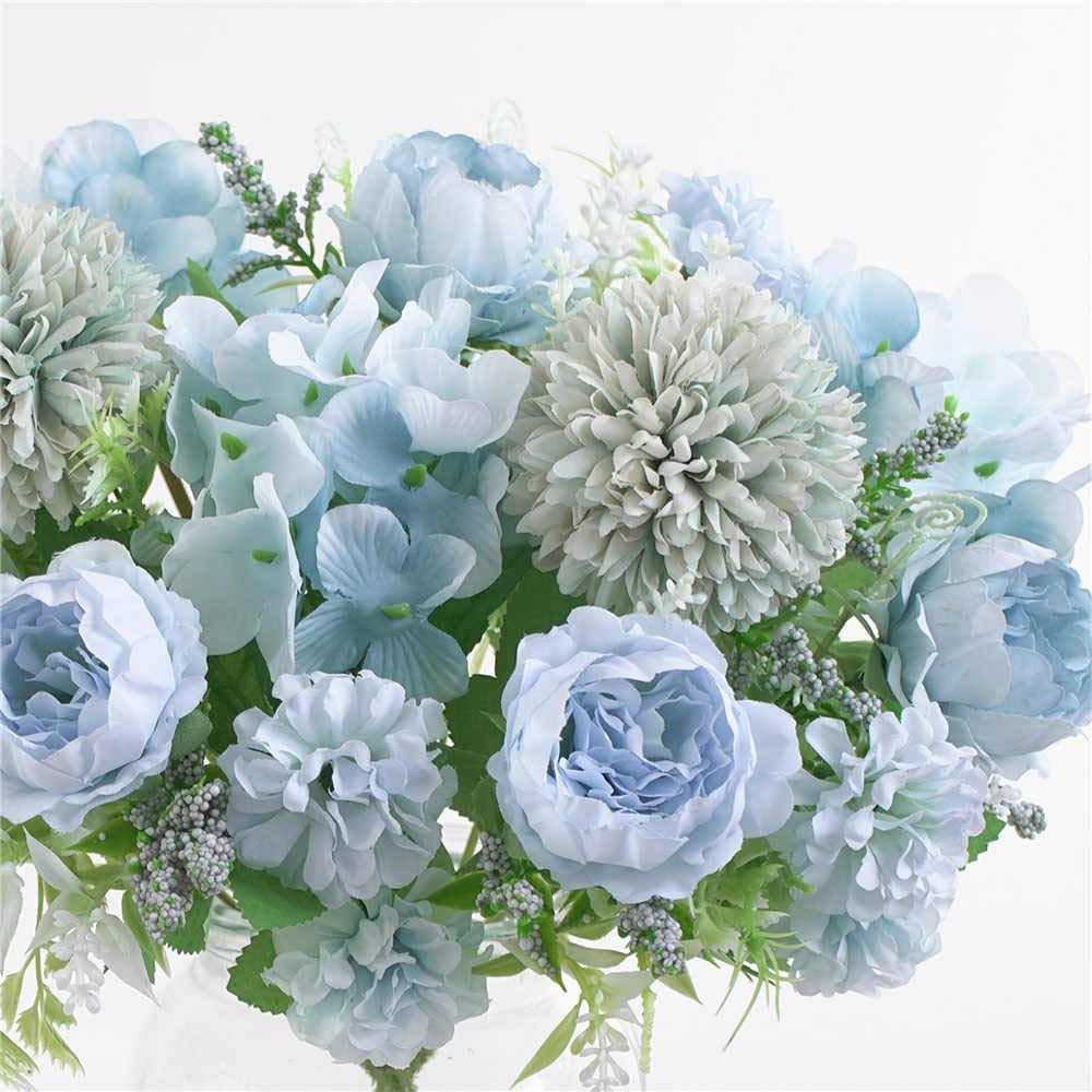 KIRIFLY Artificial Flowers, Fake Peony Silk Hydrangea Bouquet Decor Plastic Carnations Realistic Flower Arrangements Wedding Decoration Table Centerpieces(Blue) 2