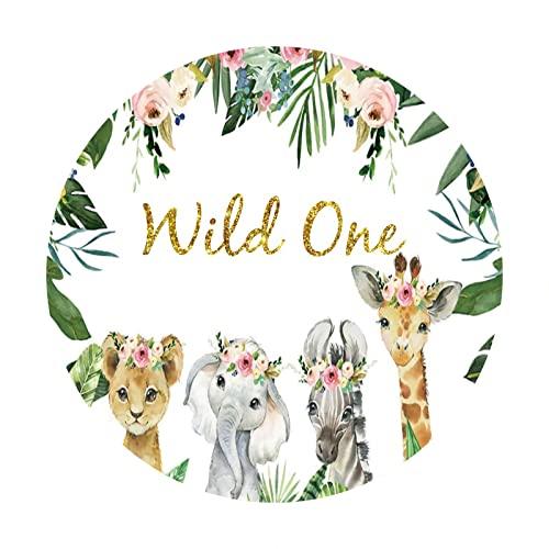 Renaiss 6.5ft Jungle Wild One Animal Round Backdrop Safari Animals Flowers Polyester Photography Background Baby Shower Kids 1st Birthday Party Decoration Cake Table Banner Photo Props 2