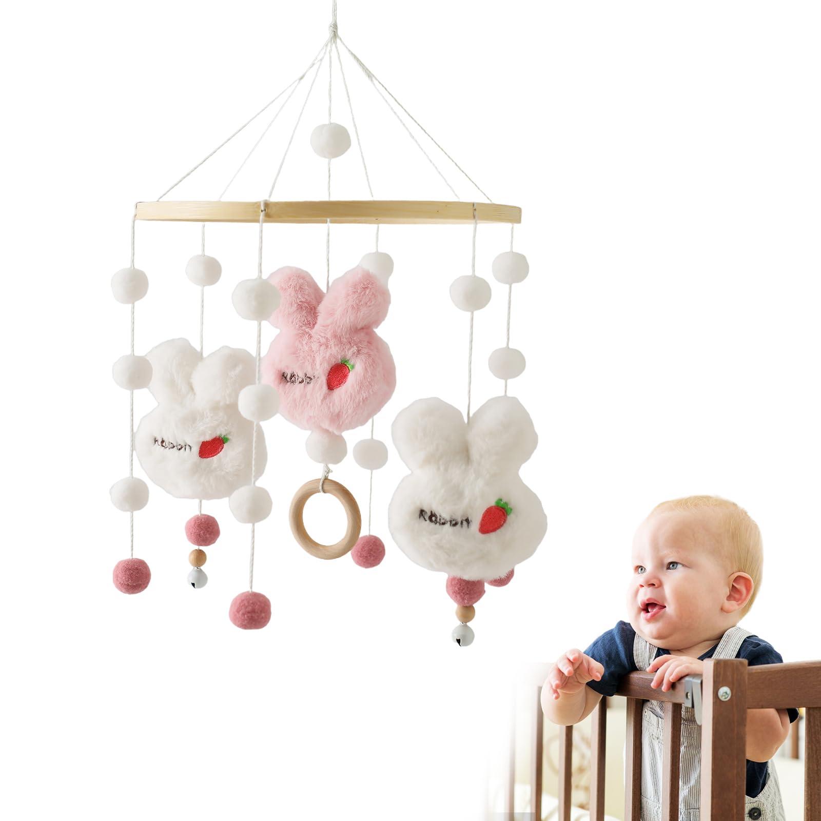 Promise Babe Baby Rabbit Mobile for Baby Cot,Wood Cute Animal Felt Baby Mobiles Ball Bunny Cot Mobiles Nursery Wood Crochet Mobiles Newborn Boy Girl Bed Bell Hanging Deco Nursery Mobiles for Babies 1