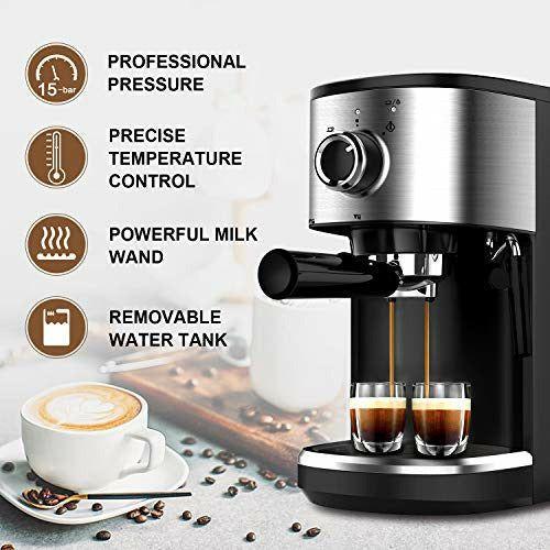 Bonsenkitchen Espresso Machine 15 Bar Coffee Machine With Foaming Milk Wand, 1450W High Performance 1.25 L Removable Water Tank Coffee Maker For Espresso, Cappuccino, Latte, Machiato 1