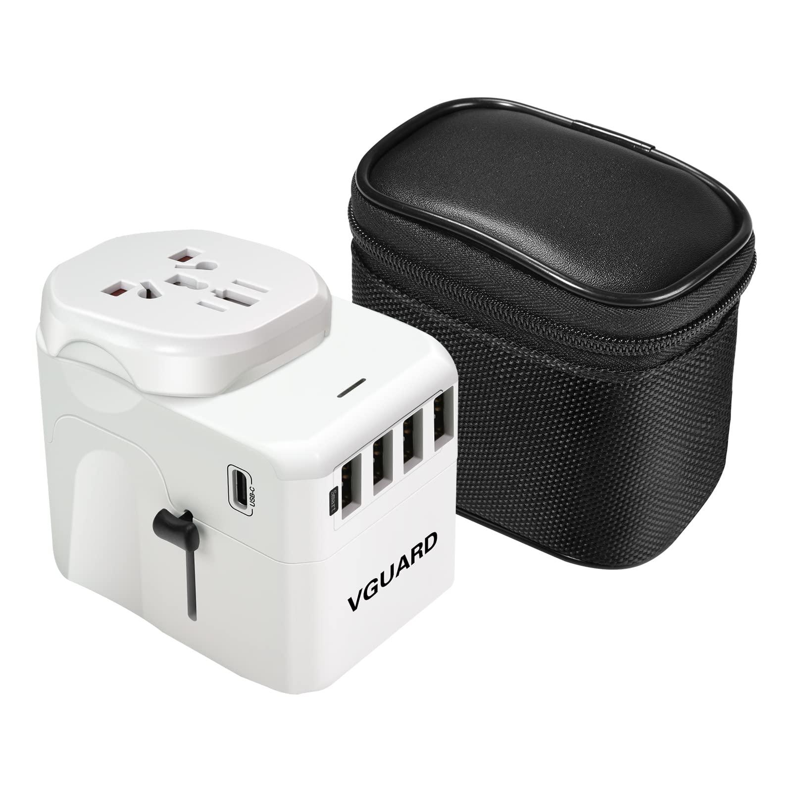 VGUARD Travel Adapter, Type C+4 USB Ports International Universal Power Plug Adaptor with Detachable Europe(Schuko) Plug for USA EU UK AUS Compatible with China Japan Thailand 150+ Countries - White