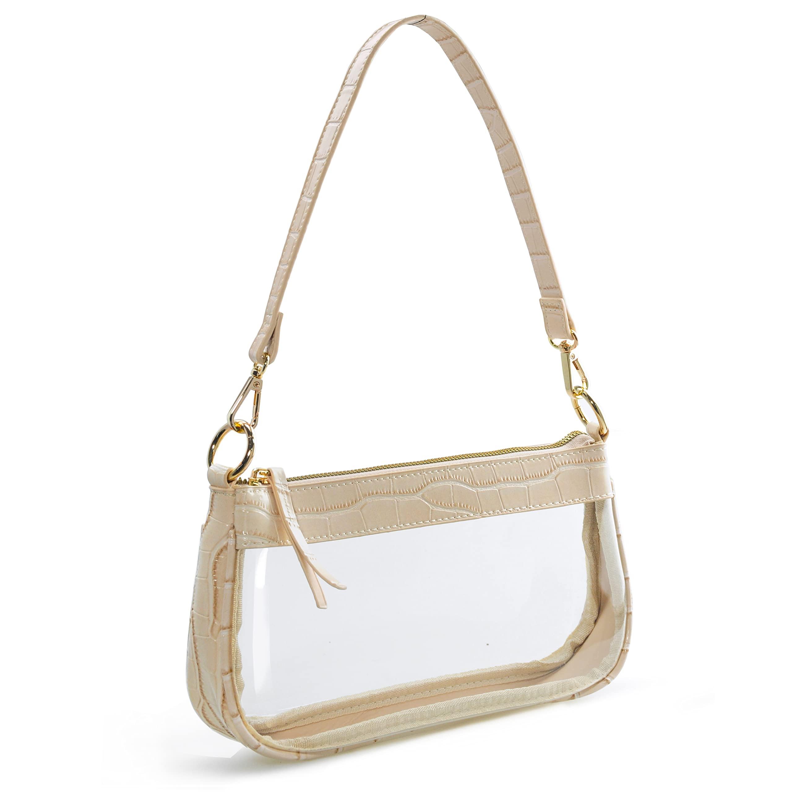 Clear Shoulder Handbag PVC Classic 90s Purse Women Vegan Leather Crocodile Corssbody Bag, Beige, M 0