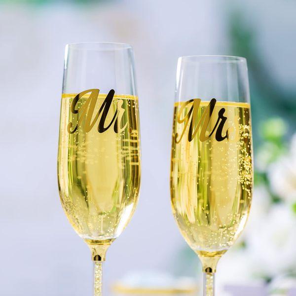 Inweder Champagne Flutes glasses Crystal - Set of 2 Gold Personalised Champagne Glass with Gift Box Mr & Mrs Champagne Flute Gift Set for Wedding Birthday Engagement Anniversary Bridesmaid Bride Groom 2