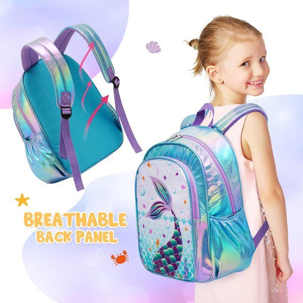 Sequin Mermaid Kids Backpack Set - Sparkly School Backpack with Lunch Bag for Girls Toddler Preschool Kindergarten Elementary 15” Hiking Travel Blue Laptop Book Bag Insulated Lunch Tote Bag 4