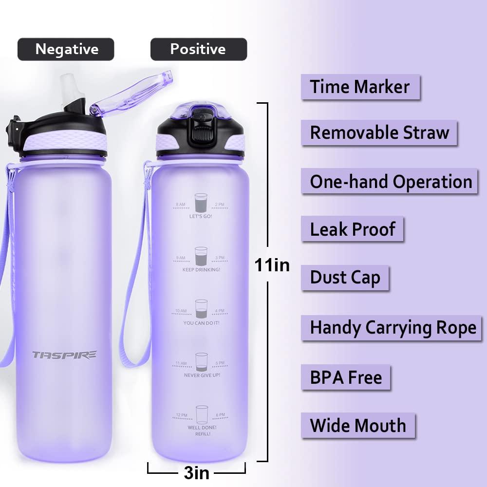 Taspire 1 Litre Time Marked Water Bottle with Straw, Leakproof BPA-free Tritan Water Bottle with Time Markings, Motivational Water Bottle with Times to Drink (Light Purple) 9