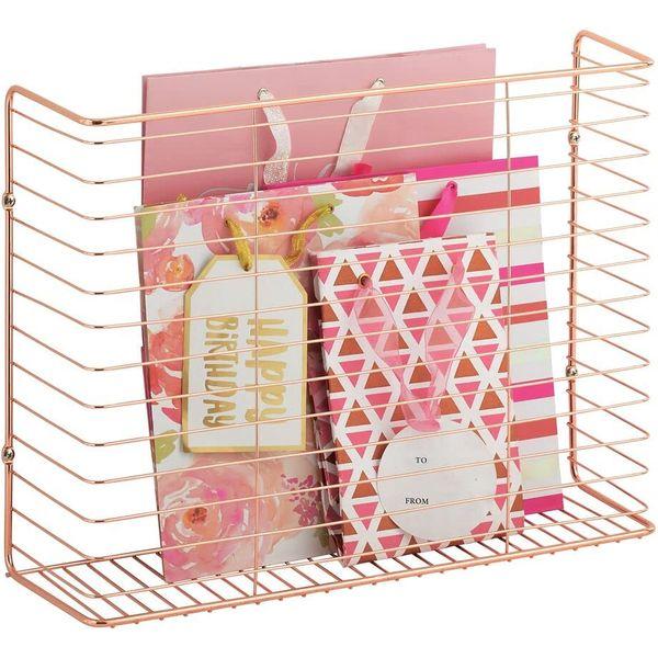 mDesign Wire Basket for Journals and Books - Stylish Wall-Mounted Metal Wire Shelving Unit for Hallway, Living Room and Office - Compact Letter Holder - Rose Gold