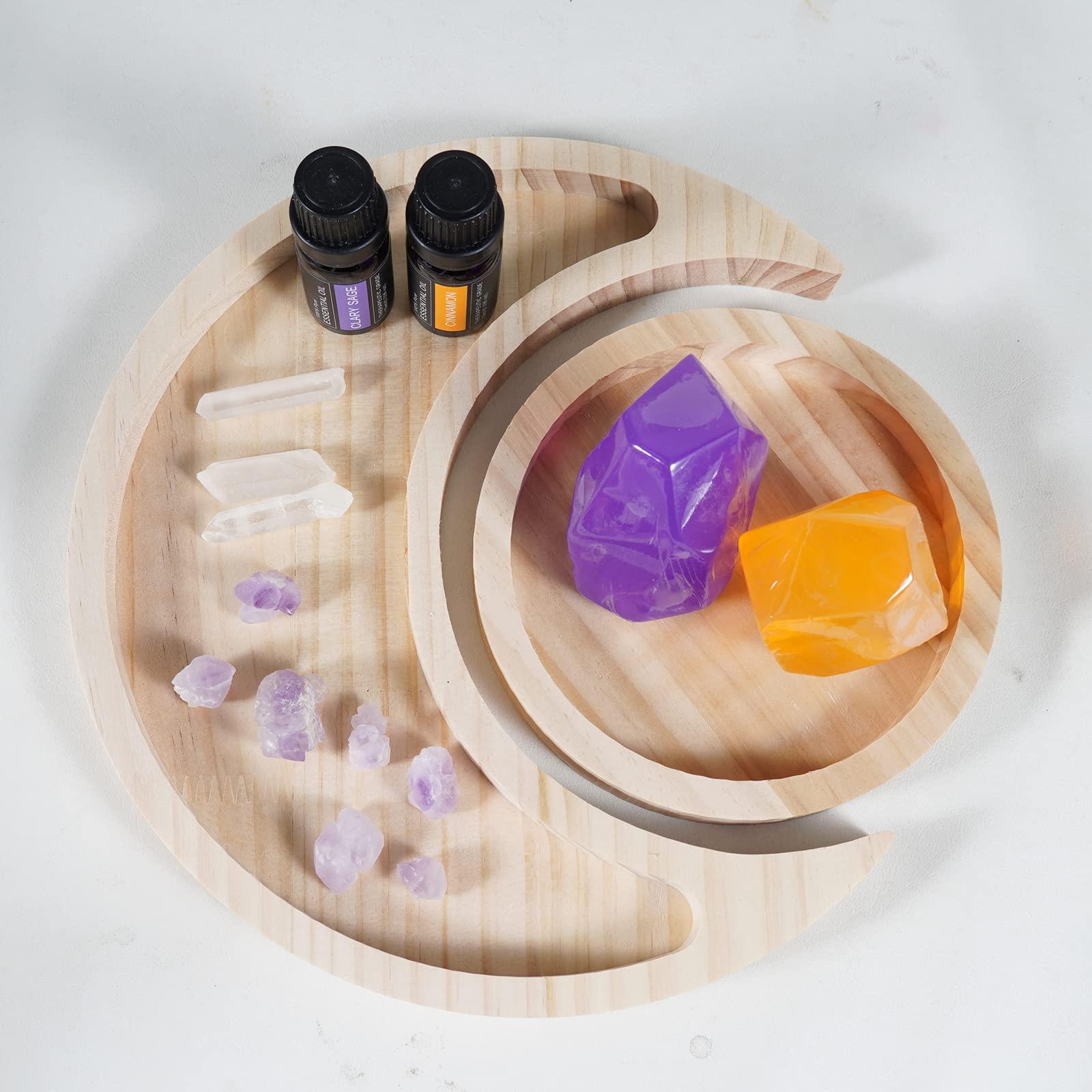 Soulnioi Crystal Holder Tray(SUN+MOON), Decorative Display Tray with 2pcs Handmade Soap(Purple+Orange), 2pcs Essential Oils, 7pcs Amethyst Flower Stones, 3pcs White Crystal Pointed Pillars 2