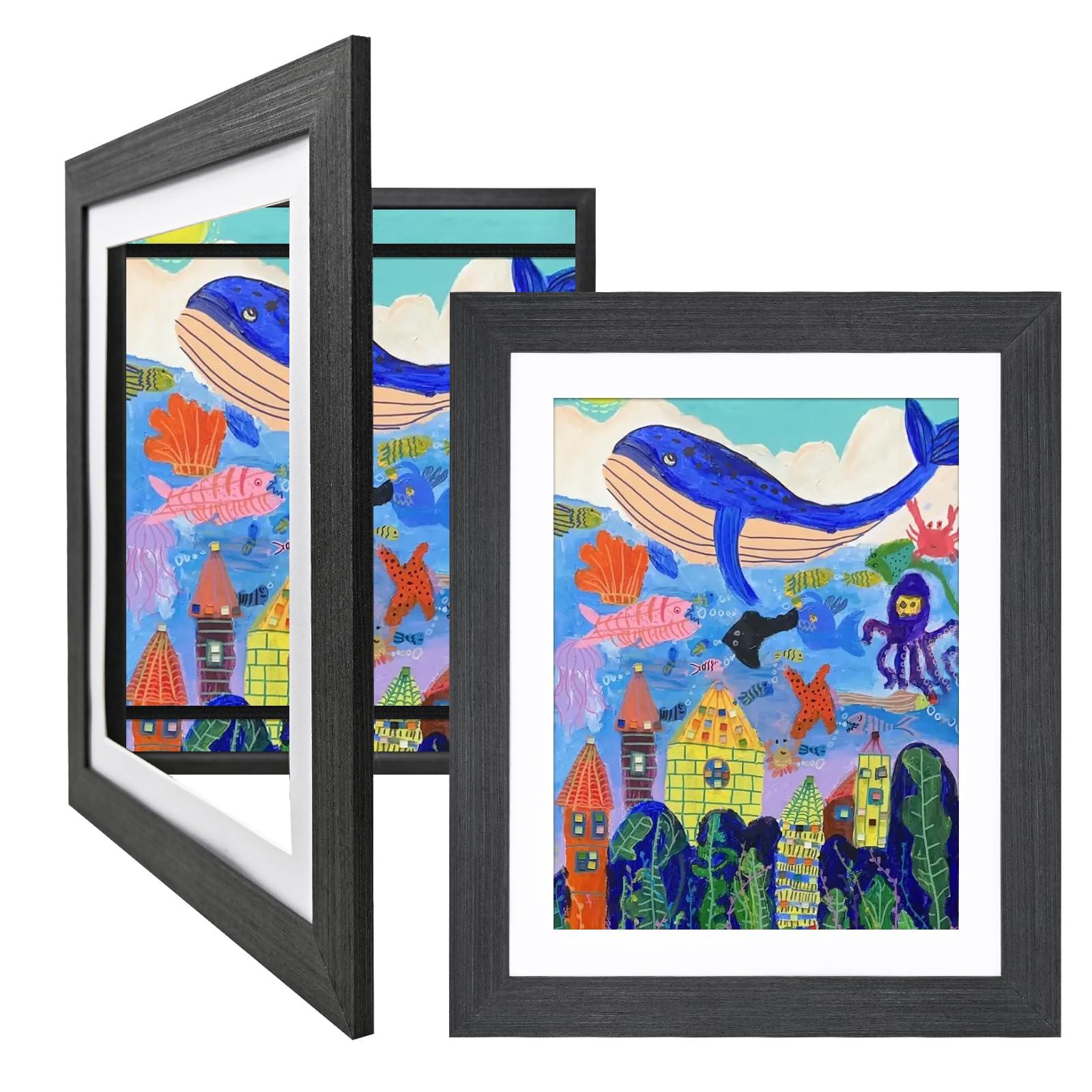 EGOFINE Kids Art Frames Solid Wood- 2 Pack Front Opening A4/8.5x11 Kids Artwork Frames Changeable with Mat and Display10x12.5 Pictures Without Mat,Children Art Frame with Acrylic Glass,Holds 150,Black