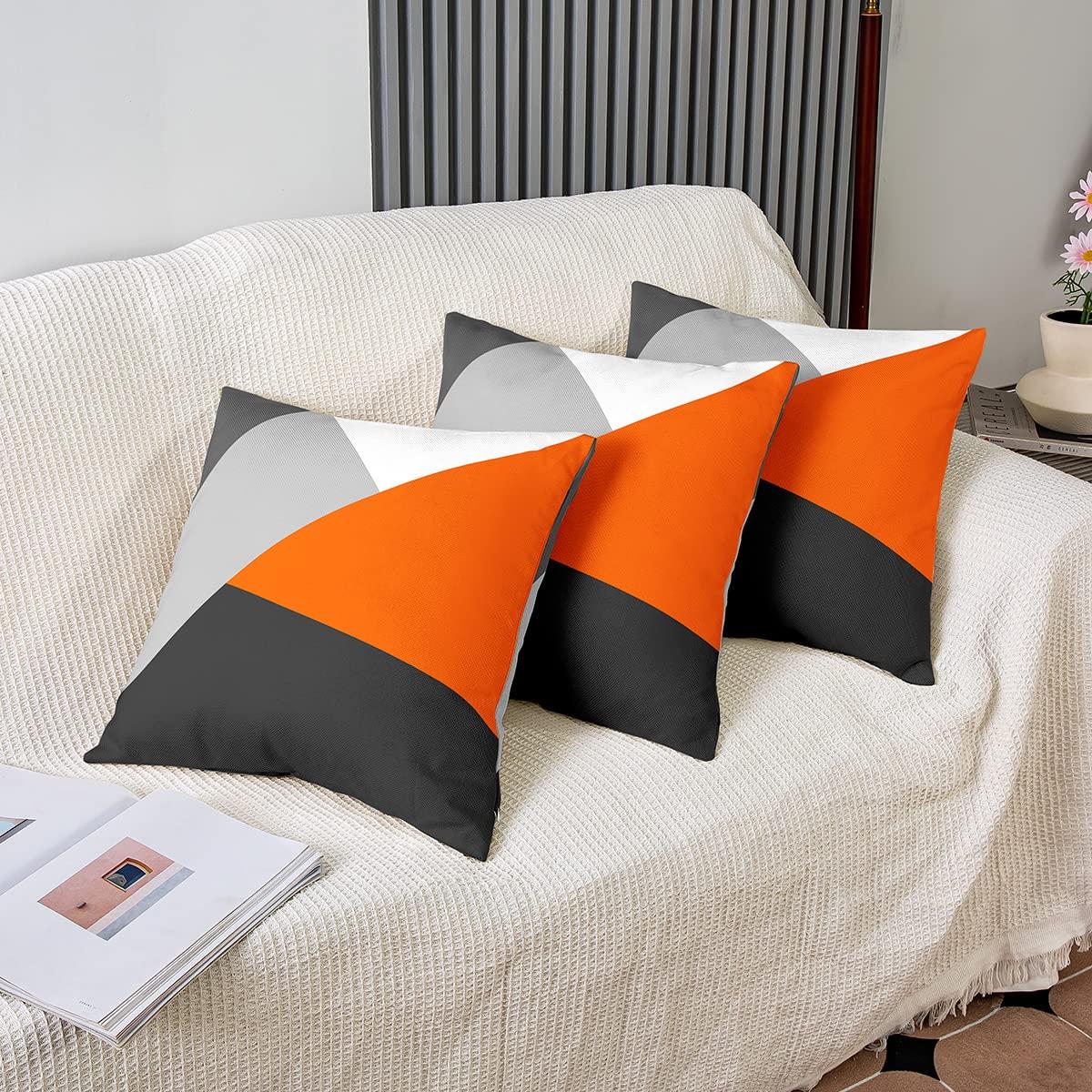 Loussiesd Set of 4 Geometry Strip Lines Throw Pillow Covers Geometric Grey Orange Black Cushion Case for Home Living Room Decor Reversible Abstract Art Decorative Throw Cushion Case 16x16 Inch 3