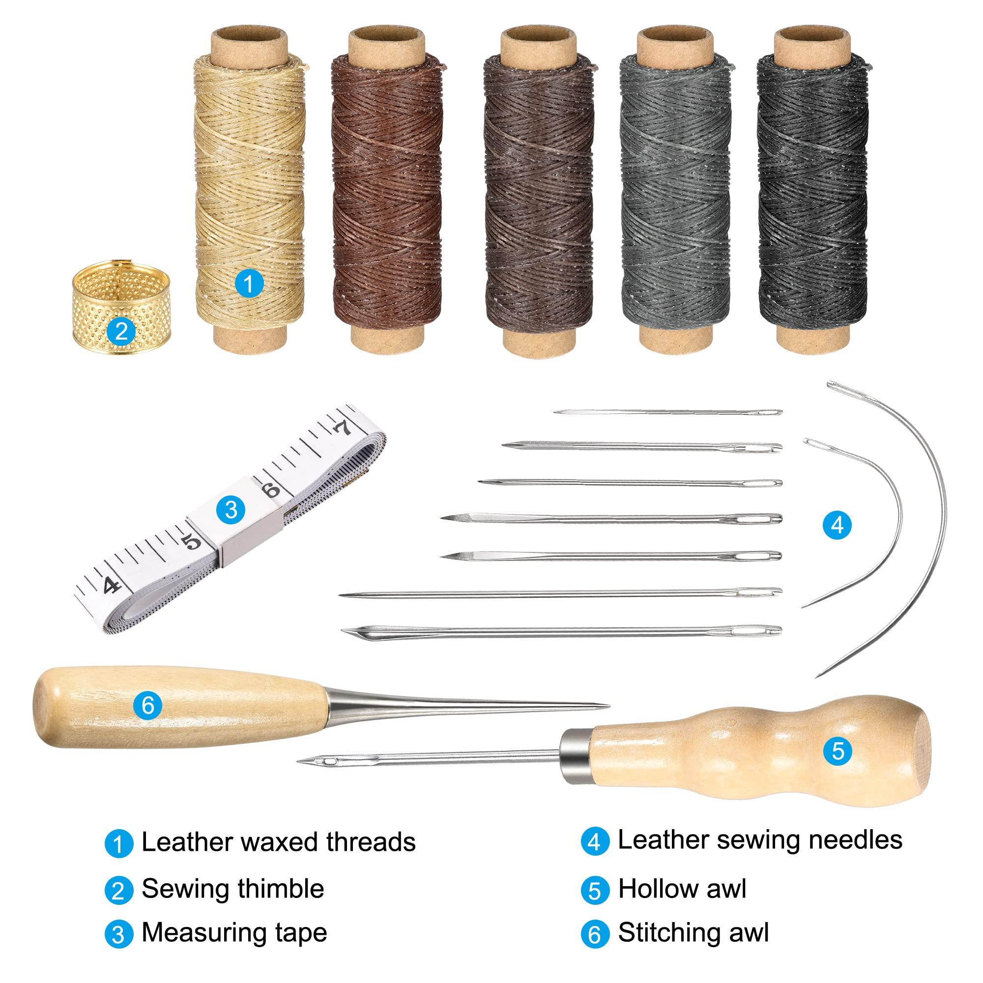 sourcing map Leather Sewing Thread Hand Stitching Tools Kit, Includes 5 Colors Polyester Waxed Flat Cord, Sewing Needles, Stitching Awls, Thimble, Measuring Tape. 1