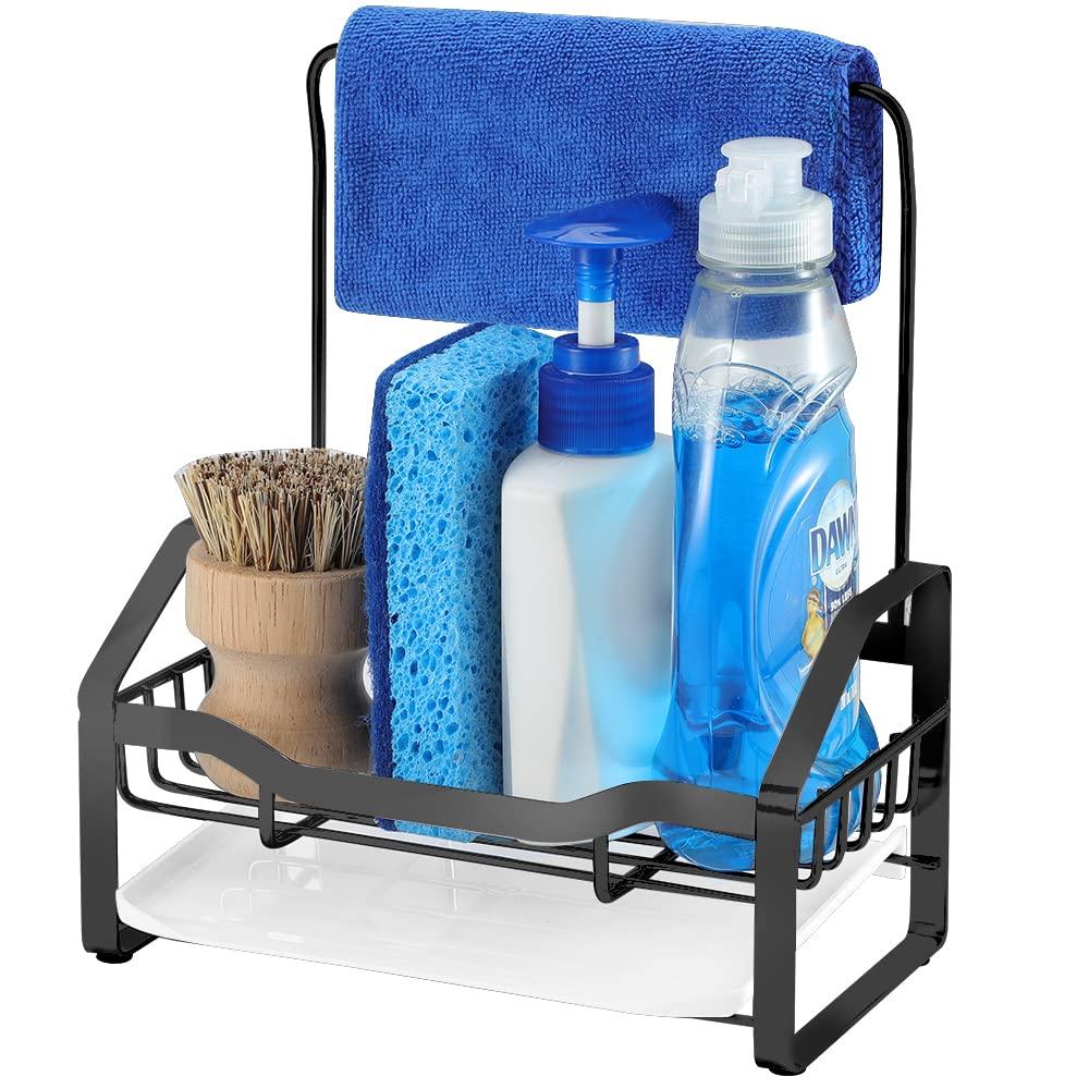 Forprim Kitchen Sink Tidy Organiser,Sink Tidy Caddy with Drip Tray,Stainless Steel Sponge Holder for Kitchen Sink,Kitchen Tidy Sink Caddy Hanging or Floor Mounted Storage Accessories (Black)