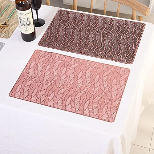 Hosoncovy 4 Pack Decorative Rectangle PVC Placemats Leaf Placemats Hollow Dining Table Place Mats Heat Resistant Non-slip Dining Placemats Table Mats for Home Kitchen Wedding (Rose Gold) 2