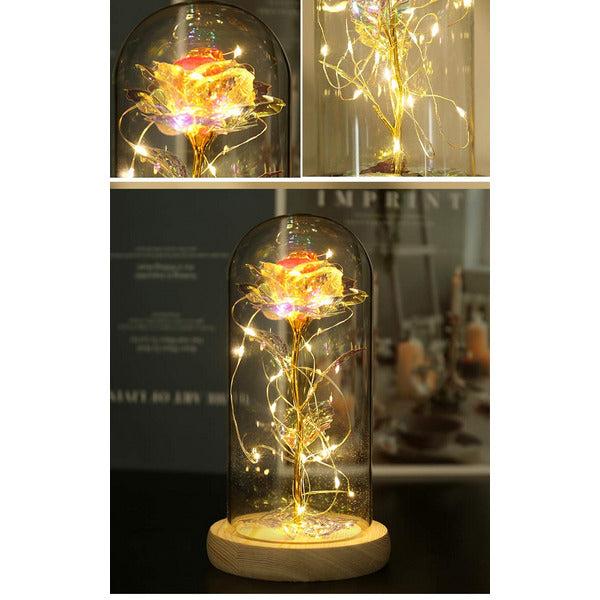 Beauty and the Beast Rose In Glass Dome with LED Fairy Lights Colorful Galaxy Rose 3