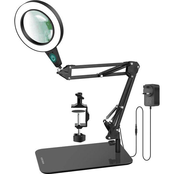 20 Diopter Magnifying Glass with Light and Stand, Touch Control 2-in-1 Magnifying Desk Lamp with Large Base & Clamp,108 LEDs 3 Color Modes Stepless Dimmable,12W LED Lighted Magnifier for Close Works 0