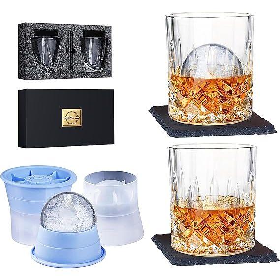 LIGHTEN LIFE Whiskey Glass Set (2 Whisky Tumbler,2 Ice Molds,2 Coasters) in Gift Box,Non-Lead Old Fashioned Glass for Bourbon Scotch,Whiskey Rock Glasses with Ice Molds 1