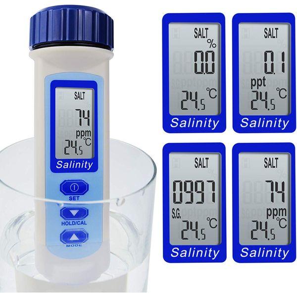 Salinity & Temp Meter Pen Type Salt Water Quality Tester ATC NaCl, 9999 ppm / 100.0ppt/ 10% / 0.95-1.08 SG Measurement Units 4-in-1 Checker for Saltwater Aquarium Pond Food Pool Cooking Seawater 4