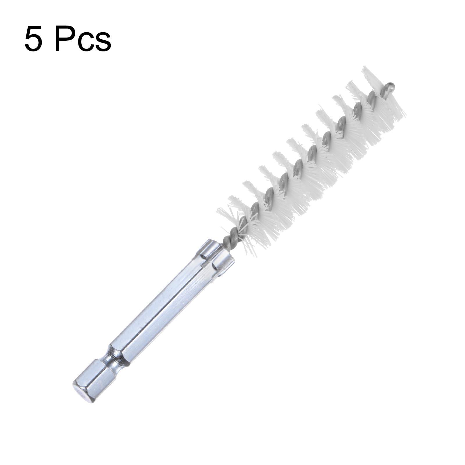 sourcing map 5Pcs Nylon Bore Brush 14mm Dia 4" Long Cleaning Twisted Wire Brush with Handle 1/4" Hex Shank for Tubes, Ports, Bearings 2