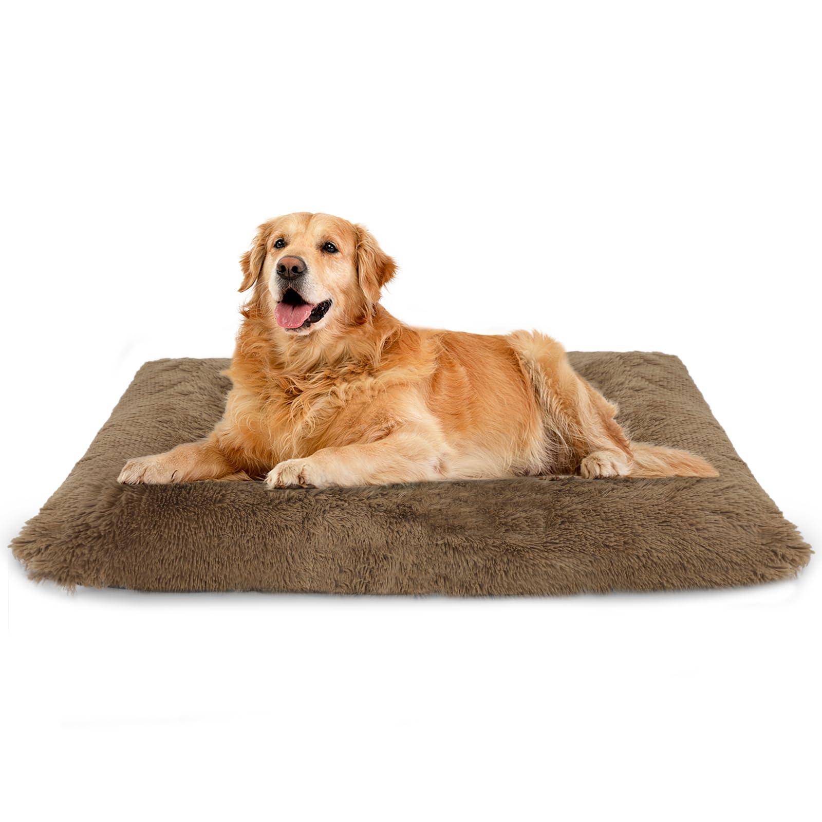 Nepfaivy Large Dog Bed Washable - Calming Anti Anxiety Dog Bed, Fluffy Dog Crate Mattress Cushion with Non-slip Bottom for Medium and Large Dogs and Pets, Khaki, 93x65cm 0