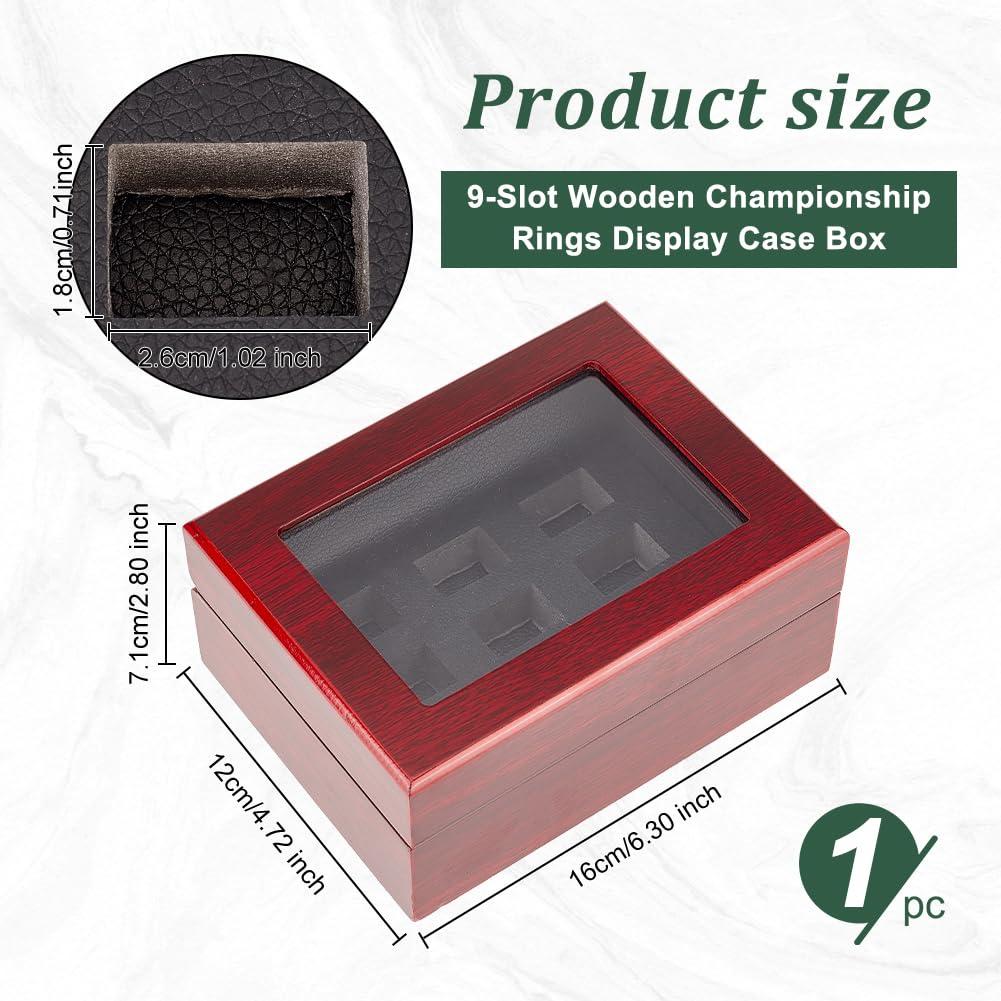 OLYCRAFT Dark Red Ring Display Case Championship 16x12x7.1cm 9-Slot Wooden Championship Rings Display Case Sports Baseball Ring Display Box with Clear Window for Sports Fan Souvenirs 1