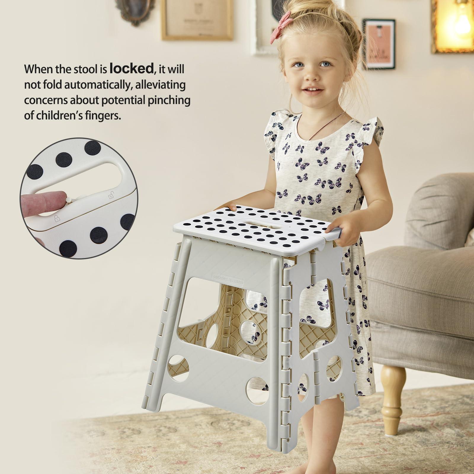 Folding Step Stool with Safety Lock, 39 CM Pastic Foldable Stool for Adults & Kids, Portable Stepping Stool for Bathroom, Kitchen, with Anti-Skid Dots, Hold Up to 250lbs (Cream White) 2