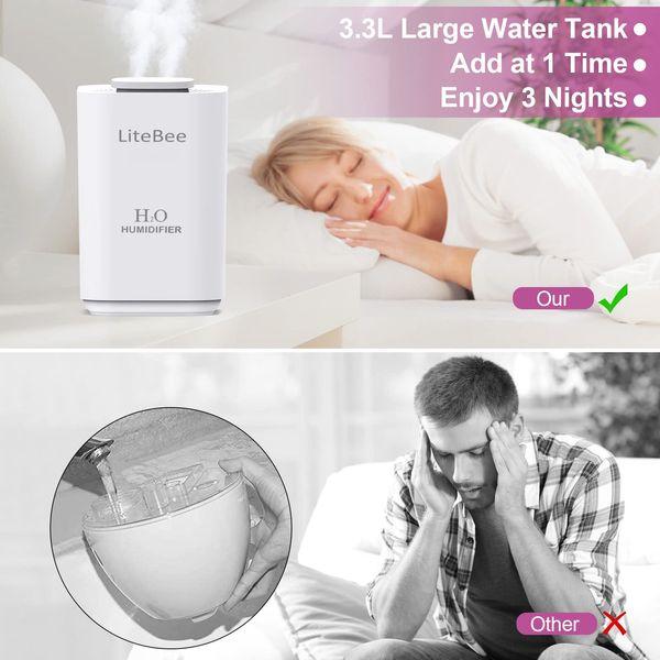 3.3L Humidifiers for Bedroom Baby Room with Night Light, Cool Mist Humidifier for Home, Office & Plant, Continuous Work 8H or Waterless Auto-Off, Up to 25 H for 30ã¡, with 4Pcs Filters 4