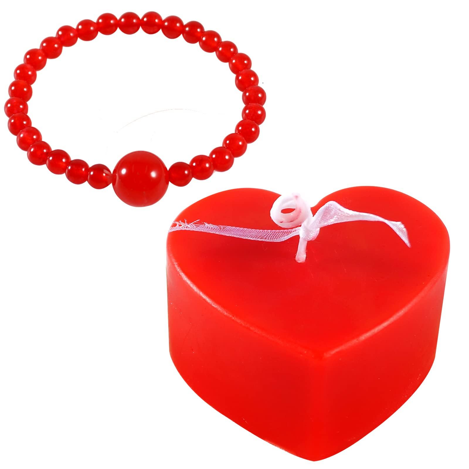 Soulnioi Scented Candle Set 1Pcs Red Heart Shape Candle and 1Pcs Red Agate Crystal Beads Bracelet for Relaxation Birthday Wedding Home Decoration Gifts 0